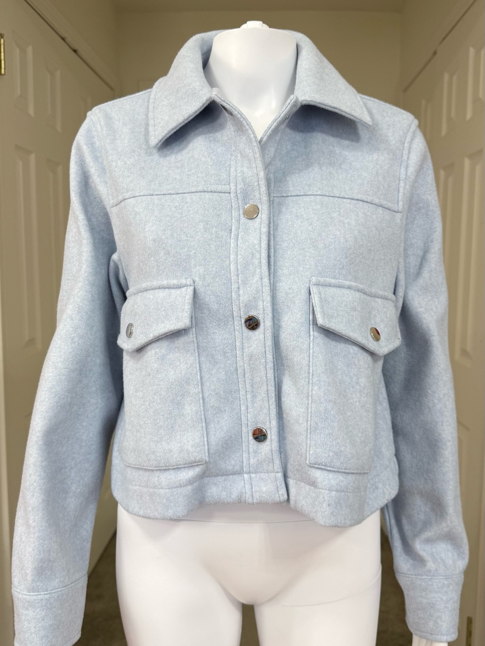 Zara Pale Blue Wool-Blend Pea Coat Jacket